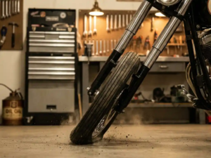 Motorcycle front fork compressing during hard braking with chrome suspension tubes telescoping inward, tire deformed against asphalt in garage workshop