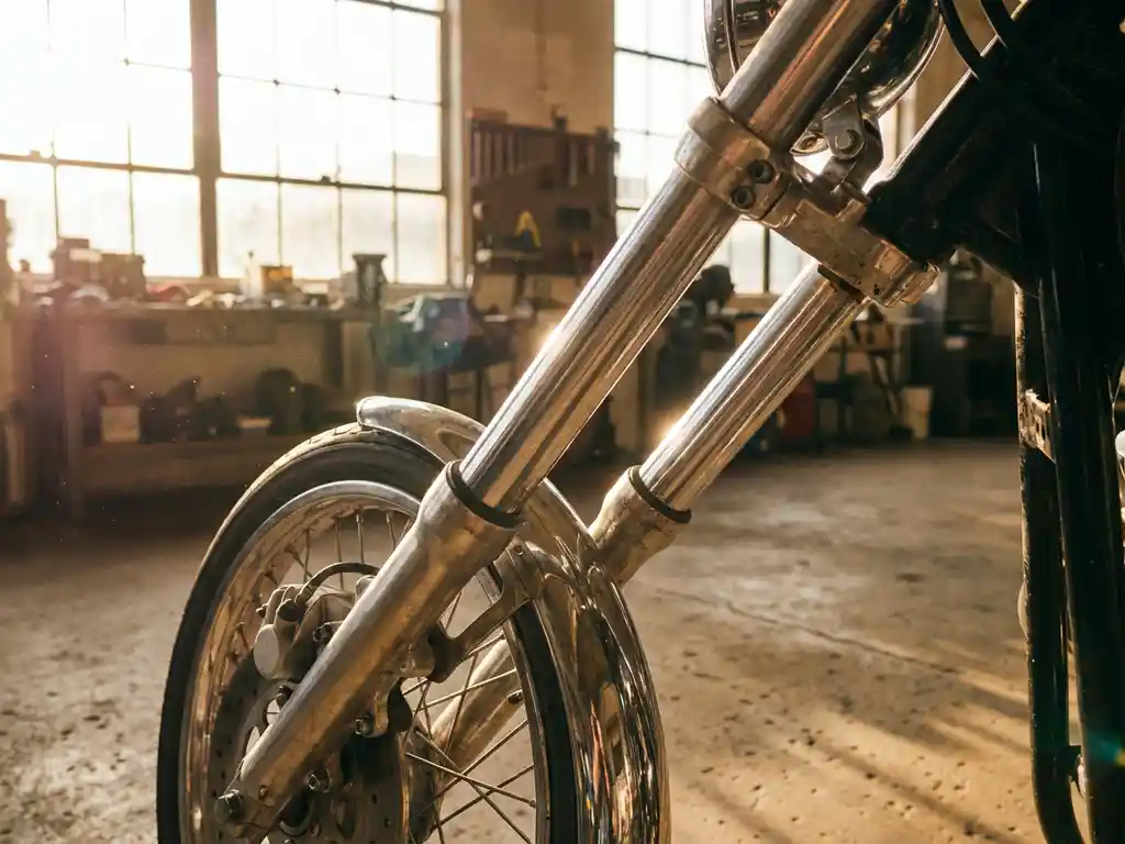 Motorcycle front fork assembly with angled wheel displaying caster geometry, chrome suspension components in garage workshop with golden lighting