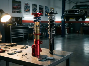 Red anodized motorsport coilover and black street coilover side by side on automotive workbench, showing internal damping mechanisms and spring configurations