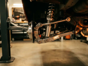 Porsche Cayman rear suspension with adjustable coilover dampers and polished aluminum components in professional garage