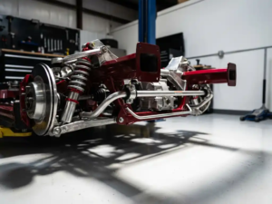 Porsche GT3 rear suspension assembly with precision coilover dampers and anti-roll bars in white garage with dramatic lighting