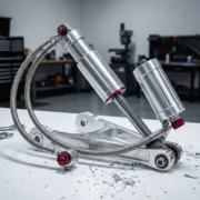Premium aluminum shock absorber with braided steel lines mounted on machined suspension arm on white workbench in racing workshop