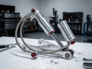 Premium aluminum shock absorber with braided steel lines mounted on machined suspension arm on white workbench in racing workshop