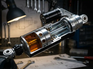 Precision shock absorber cutaway displaying internal valving and piston assembly with oil flow dynamics in chrome and black components