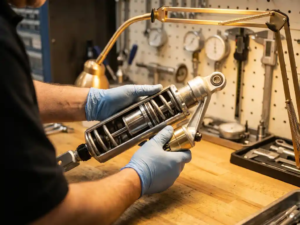 Technician's hands examining cutaway shock absorber showing internal components on workbench with specialized tools and gauges