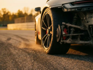 Sports car rear wheel and suspension assembly during high-speed cornering on race track with golden hour lighting
