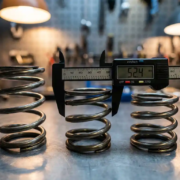 Three coiled suspension springs with varying wire thicknesses on metal workbench, precision calipers measuring spring diameter