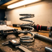 Polished steel Swift spring coil on automotive workbench with suspension tools and calipers, shock absorber blurred in background