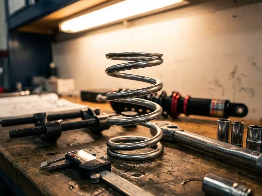 Polished steel Swift spring coil on automotive workbench with suspension tools and calipers, shock absorber blurred in background