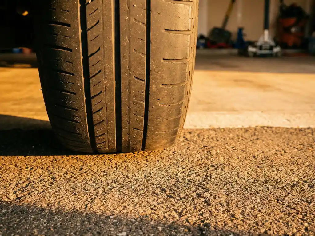 Car tire contact patch on asphalt showing uneven wear patterns from toe misalignment, with golden hour lighting highlighting tread depth and texture differences.