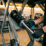BMW suspension strut assembly with chrome shock absorber and black coil spring being examined by mechanic's gloved hands in professional garage workshop