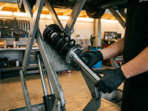 BMW suspension strut assembly with chrome shock absorber and black coil spring being examined by mechanic's gloved hands in professional garage workshop