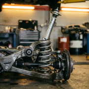 Car's rear shock absorber at full compression with chrome piston rod extended to maximum travel in professional garage