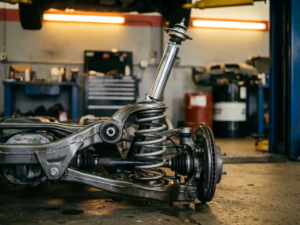 Car's rear shock absorber at full compression with chrome piston rod extended to maximum travel in professional garage
