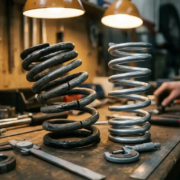 Damaged car suspension spring with stress fractures beside pristine spring on garage workbench with measurement tools