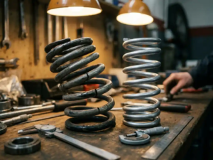 Damaged car suspension spring with stress fractures beside pristine spring on garage workbench with measurement tools