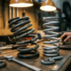 Damaged car suspension spring with stress fractures beside pristine spring on garage workbench with measurement tools