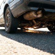 Car undercarriage scraping asphalt with visible suspension components, exhaust pipe, and orange sparks flying from metal contact