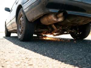Car undercarriage scraping asphalt with visible suspension components, exhaust pipe, and orange sparks flying from metal contact