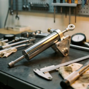 Chrome steering damper with precision mounting brackets on automotive workbench surrounded by suspension tools and gauges