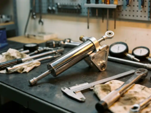 Chrome steering damper with precision mounting brackets on automotive workbench surrounded by suspension tools and gauges