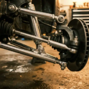 Chrome suspension linkage arms and ball joints connected to car wheel assembly under warm garage lighting