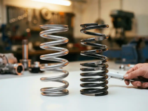 Two automotive coil springs on white workbench showing uniform versus progressive coil spacing designs in metallic silver finish