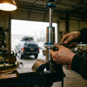Mechanic's hands adjusting silver preload collar on coilover shock absorber clamped in workshop vise with SUV in background