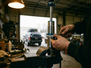 Mechanic's hands adjusting silver preload collar on coilover shock absorber clamped in workshop vise with SUV in background