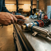 Mechanic adjusting coilover suspension assembly compression knobs with specialized tools on professional workbench