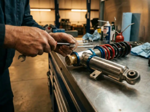 Mechanic adjusting coilover suspension assembly compression knobs with specialized tools on professional workbench