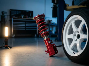 Red anodized coilover suspension assembly mounted on white sports car wheel in professional automotive workshop with dramatic lighting