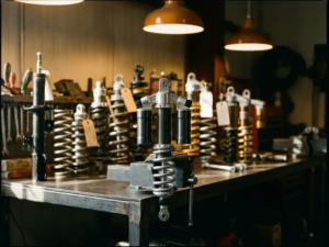 Custom shock absorber on a workshop bench surrounded by competitor suspension components, polished aluminum damper under warm directional lighting.