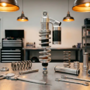 Custom shock absorber upright on polished workshop bench, surrounded by precision tools and disassembled suspension components.