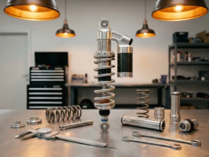 Custom shock absorber upright on polished workshop bench, surrounded by precision tools and disassembled suspension components.
