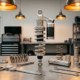Custom shock absorber upright on polished workshop bench, surrounded by precision tools and disassembled suspension components.