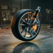 Modern car wheel and electronic shock absorber suspended above concrete garage floor with dramatic studio lighting