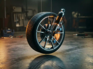 Modern car wheel and electronic shock absorber suspended above concrete garage floor with dramatic studio lighting