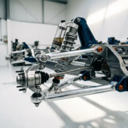 Cutaway view of high-performance rear suspension system with polished aluminum control arms and custom shock absorber in white workshop