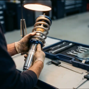 Mechanic's hands inspecting polished Porsche suspension strut on clean workbench with precision tools nearby