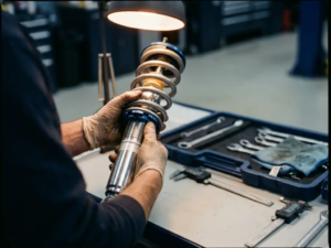 Mechanic's hands inspecting polished Porsche suspension strut on clean workbench with precision tools nearby