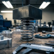 Chrome coil spring compressed under metal weight on workbench with aluminum components and measuring calipers nearby