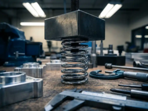Chrome coil spring compressed under metal weight on workbench with aluminum components and measuring calipers nearby