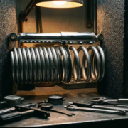 Progressive coil spring with variable pitch spacing compressed against asphalt road surface, chrome shock absorber and precision tools visible on metal workbench in workshop setting.