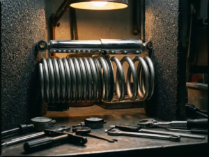 Progressive coil spring with variable pitch spacing compressed against asphalt road surface, chrome shock absorber and precision tools visible on metal workbench in workshop setting.
