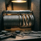 Progressive coil spring with variable pitch spacing compressed against asphalt road surface, chrome shock absorber and precision tools visible on metal workbench in workshop setting.