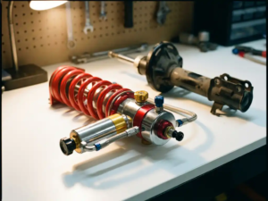 Chrome racing suspension strut with red coil spring on white workbench, standard black component blurred in background