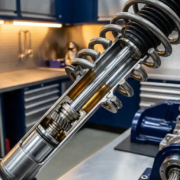 Close-up cross-section of car shock absorber and spring assembly showing piston rod, internal damping chambers, and machined components in automotive workshop