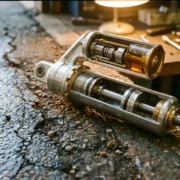 Cross-section of high-performance shock absorber showing internal piston and valving beside textured road surface with dramatic workshop lighting on polished components.