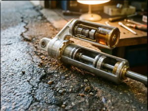 Cross-section of high-performance shock absorber showing internal piston and valving beside textured road surface with dramatic workshop lighting on polished components.